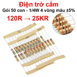 [Giá sỉ] (100C) Điện trở cắm 1/4W 4 vòng màu ±5% - giá trị 120R đến 25KR