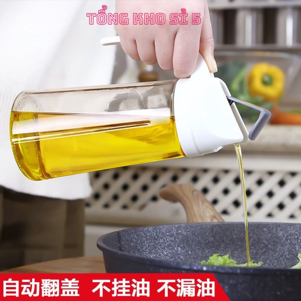 Lọ đựng dầu thủy tinh dung tích 630ml tự động mở nắp khi rót nắp trắng
