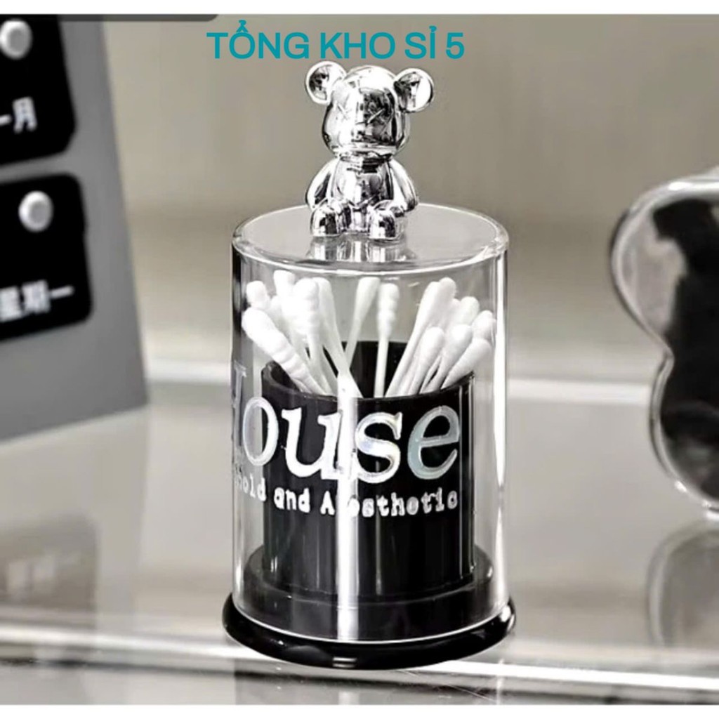 HỘP ĐỰNG TĂM, Hộp Đựng Bông Tăm Trong Suốt Gấu House Phong cách sang trọng độc đáo - MA: HOPTAM384