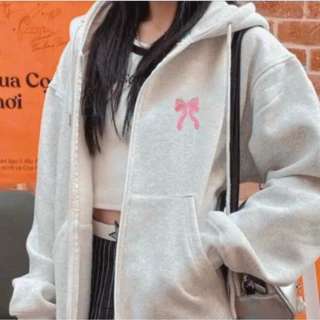 Áo khoác hoodie zip in nơ hồng form Boxy, mũ siêu to , chất liệu nỉ bông Hàn dày dặn cao cấp