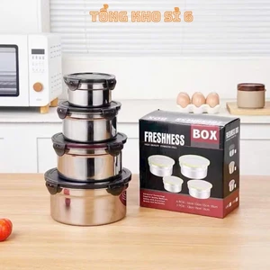 Hộp inox hình tròn dùng để đựng thực phẩm tiện lợi có kèm nắp, SET 4 HỘP INOX NẮP ĐEN - MÃ: HOP022