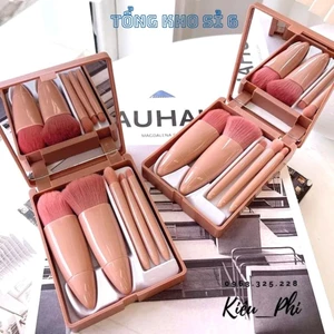 HỘP CỌ TRANG ĐIỂM 5 MÓN KÈM GƯƠNG, Bộ cọ di động 5 cọ trang điểm , Bộ cọ du lịch có gương Mini đa năng: CO TRANG DIEM