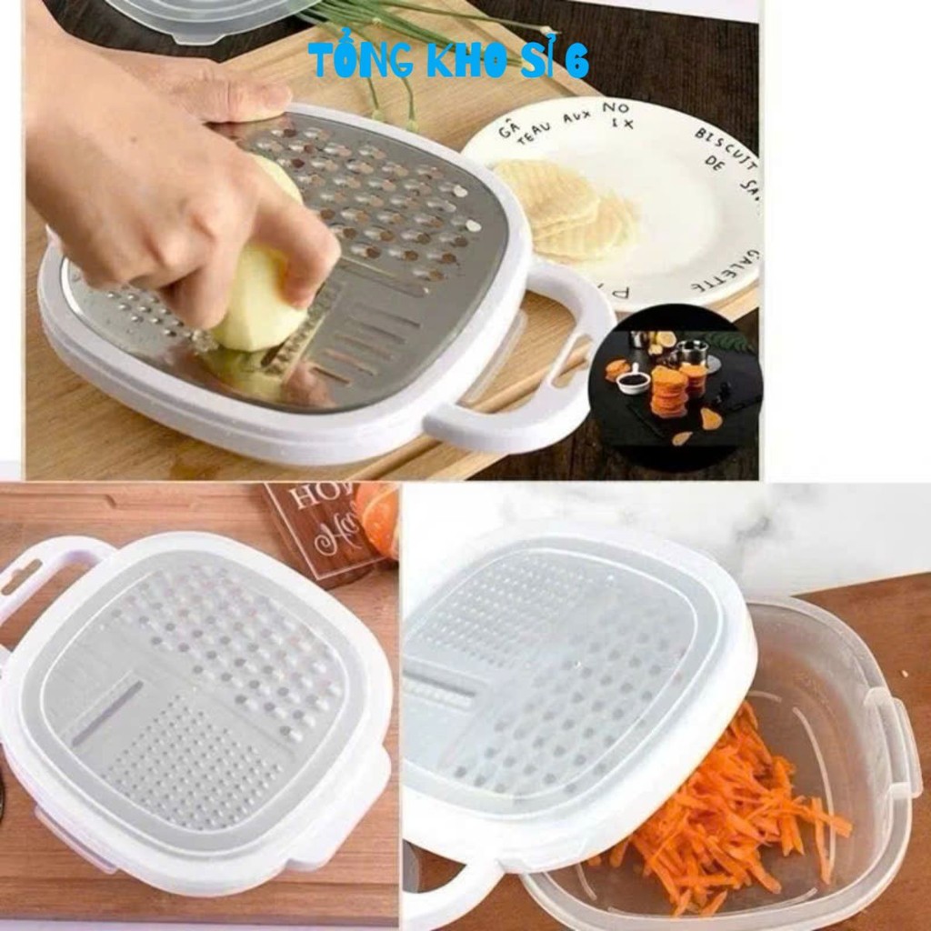 BỘ DỤNG CỤ NẠO RAU CỦ, Bộ Rổ Bào Inox Có Chậu, Nạo Sợi Mâm Nạo Củ Quả 3in1 - MA: BONAOBAORAUCU