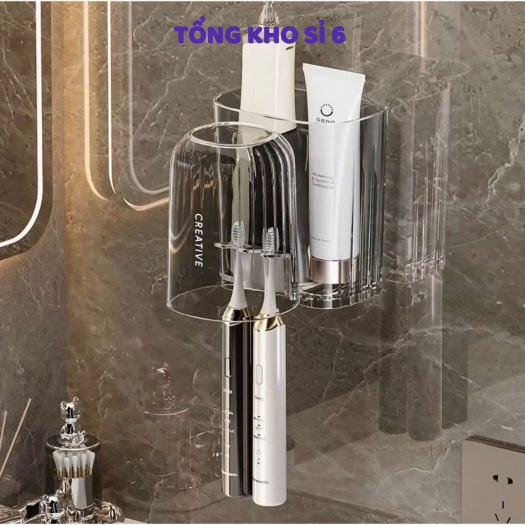 Kệ dán tường đựng bàn chải, để kem đánh răng kèm cốc nhựa trong suốt, KỆ ĐỂ BÀN CHẢI KÈM CỐC - MÃ: KENHATAM487