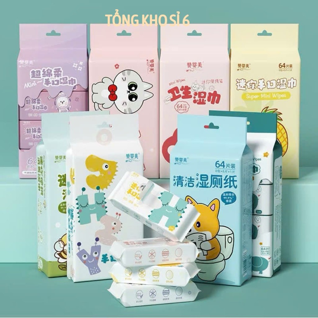 Bịch 8 Gói Khăn Giấy Ướt Mini Dễ Thương Bỏ Túi Đi Ra Ngoài, Đi Du Lịch, Đi Đhơi Tiện Lợi, KHĂN ƯỚT MINI - MÃ: KHAN374