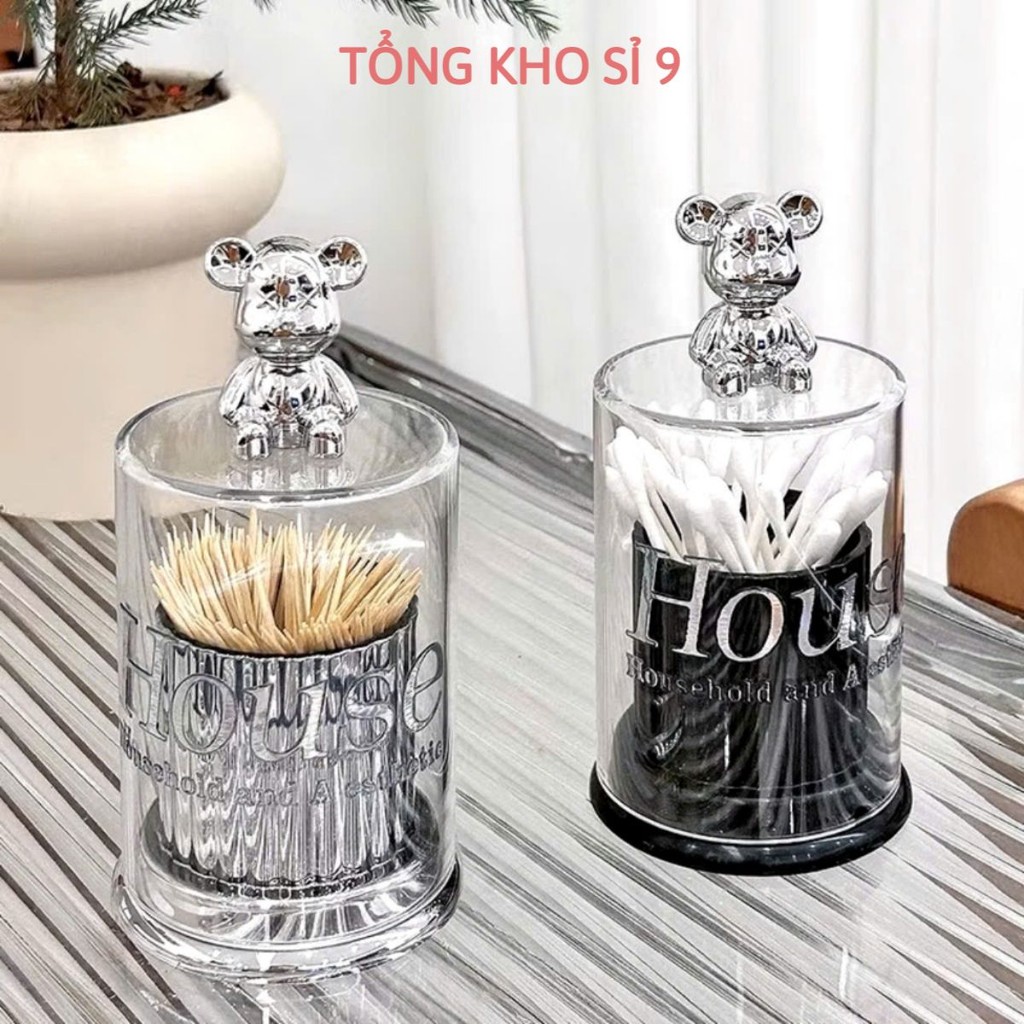 Hộp đựng tăm, bông tăm trong suốt có nắp hình gấu dễ thương, HỘP ĐỰNG TĂM - MÃ: HOPTAM6QE