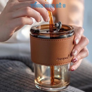 Cốc Thủy Tinh GORGOUS Có Nắp , Cốc Kèm Ống Hút Và Bao Da Đi Kèm - LY UỐNG NƯỚC 450ml Có 2 Màu - COC5