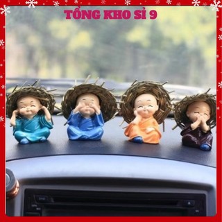 Bộ Tượng Chú Tiểu Hòa Thượng Tứ Không - Phật Phong Thủy Mini 4 Tư Thế, Trang Trí Xe Hơi, Để Bàn