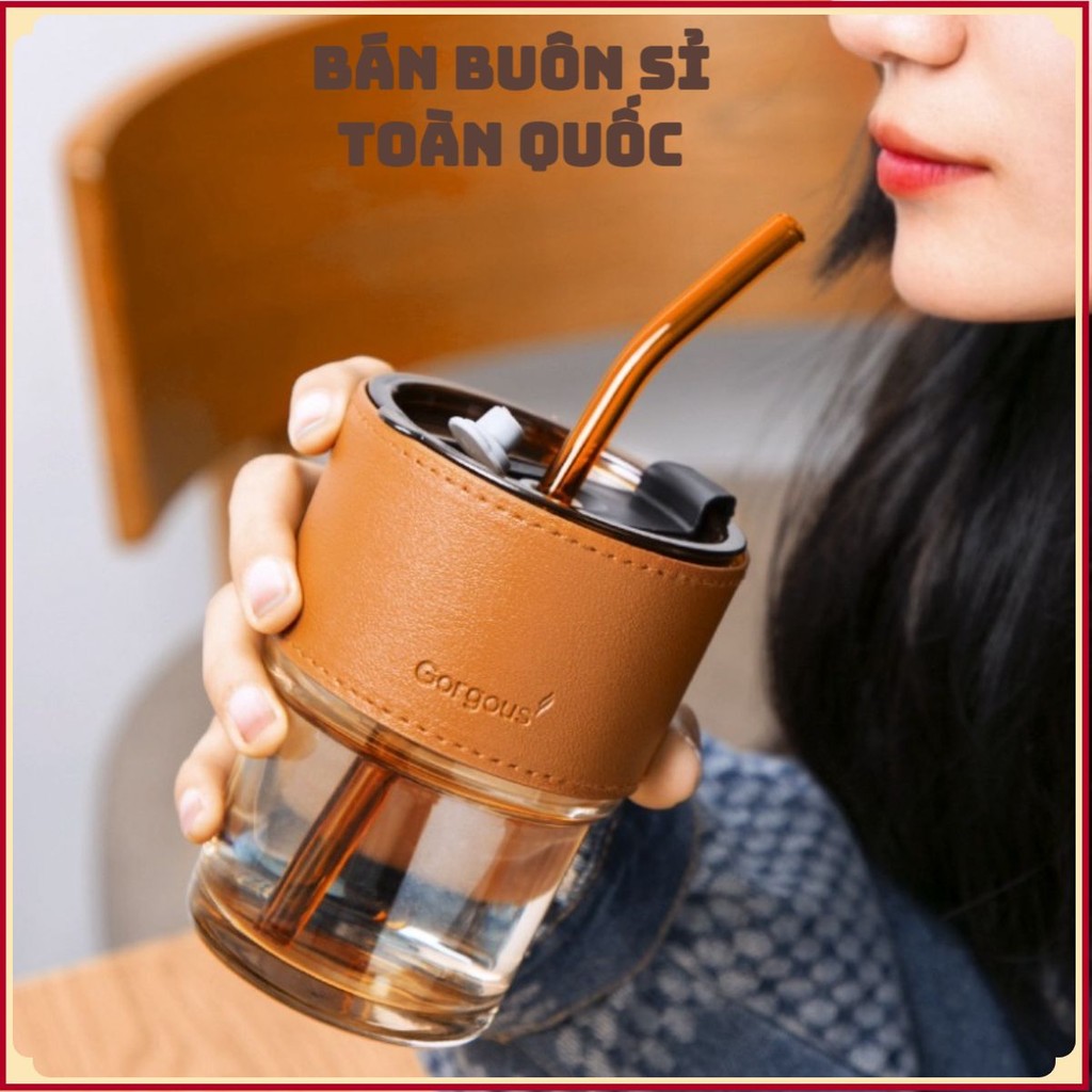 Ly Nước Vỏ Da Có Nắp Và Ống Hút,Uống Nước Sang Chảnh Dung Tích 450ml , Cốc Thuỷ Tinh Cao Cấp - COC16
