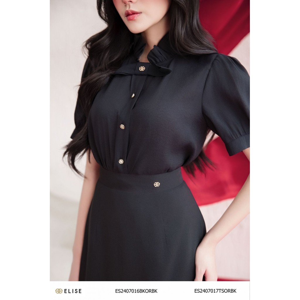 Ảnh Áo sơ mi tơ nhăn đen xếp cổ nhún thiết kế Elise ES2407017TSORBK 1