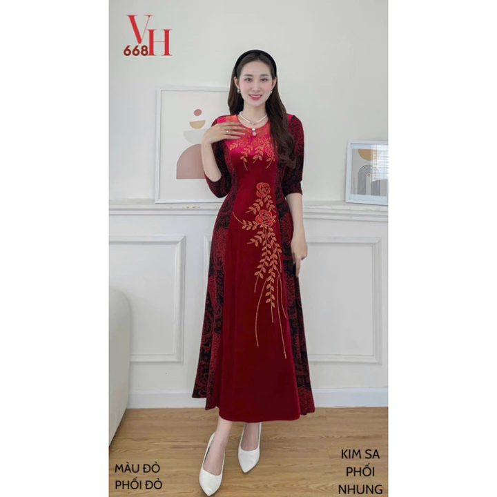 Váy Trung Niên nhung,Váy Nhung Phối Sang Trọng Cho Mẹ Cao Cấp Đính Đá Sang Trọng Váy Trung Niên Dự Tiệc Đầm Đi Cưới