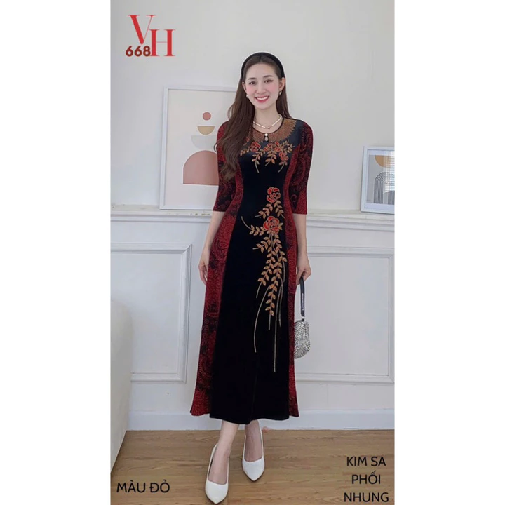 Váy Trung Niên nhung,Váy Nhung Phối Sang Trọng Cho Mẹ Cao Cấp Đính Đá Sang Trọng Váy Trung Niên Dự Tiệc Đầm Đi Cưới