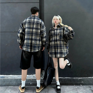 Áo kẻ sơ mi nam nữ thời trang flanel chất vải cotton dạ dày dặn phom rộng