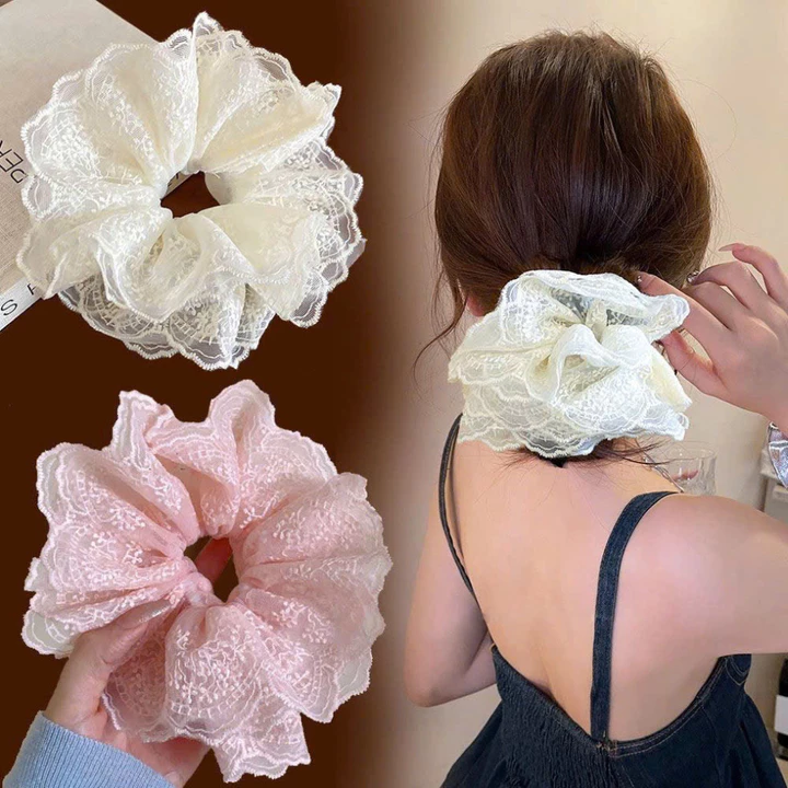 Cột tóc Scrunchies Phối Ren nhiều lớp cỡ lớn dễ thương sang trọng retro,buộc tóc to phồng ren trắng nơ cao cấp RENMO