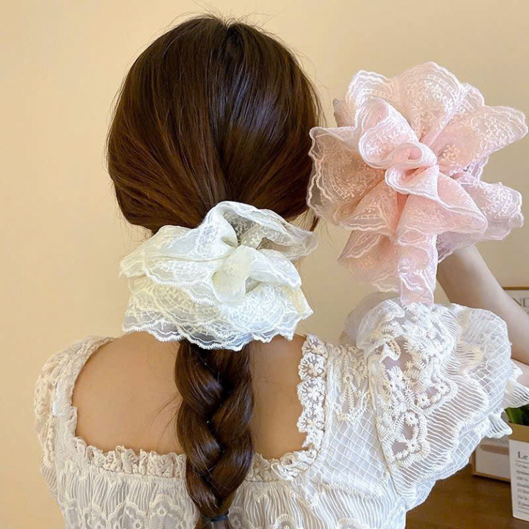 Cột tóc Scrunchies Phối Ren nhiều lớp cỡ lớn  dễ thương sang trọng retro,buộc tóc to phồng ren trắng nơ cao cấp RENMO