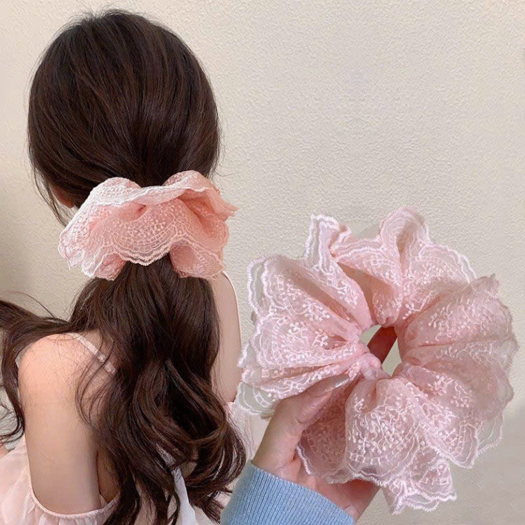 Cột tóc Scrunchies Phối Ren nhiều lớp cỡ lớn  dễ thương sang trọng retro,buộc tóc to phồng ren trắng nơ cao cấp RENMO