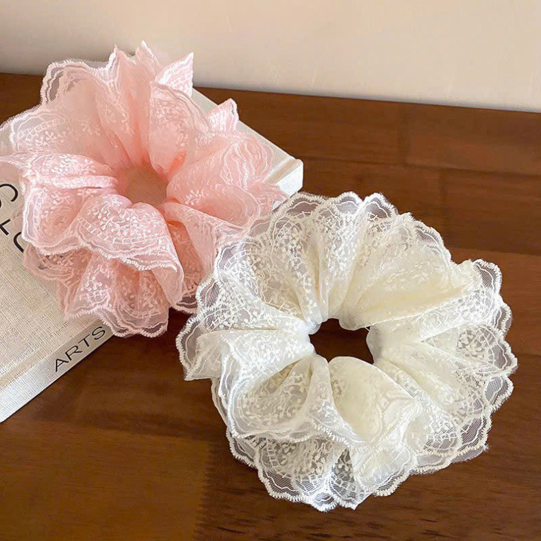 Cột tóc Scrunchies Phối Ren nhiều lớp cỡ lớn  dễ thương sang trọng retro,buộc tóc to phồng ren trắng nơ cao cấp RENMO