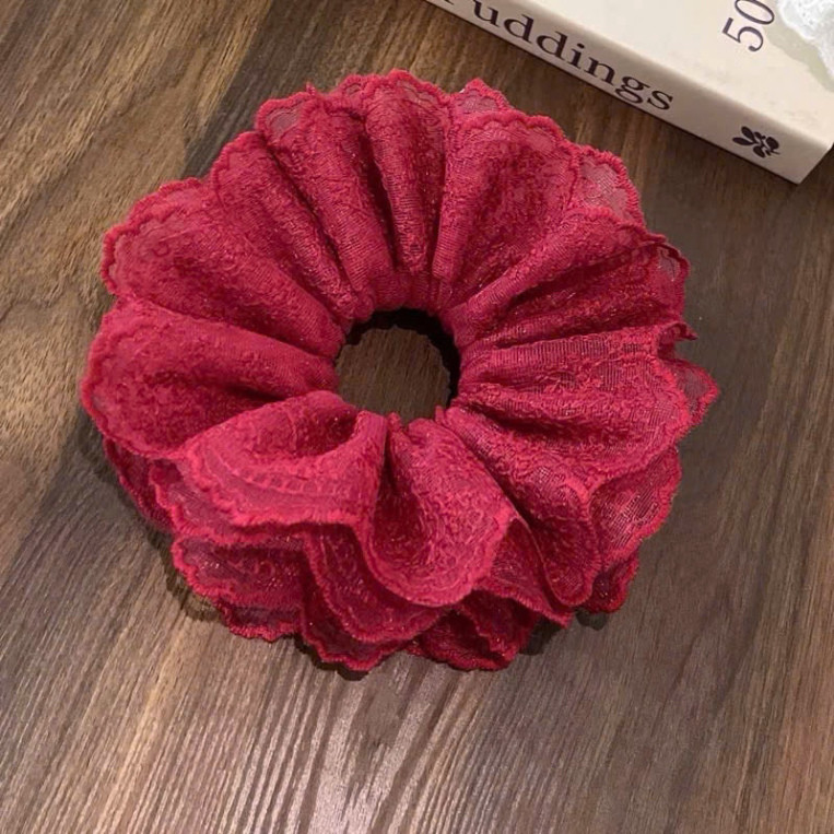 Cột tóc Scrunchies Phối Ren nhiều lớp cỡ lớn  dễ thương sang trọng retro,buộc tóc to phồng ren trắng nơ cao cấp RENMO