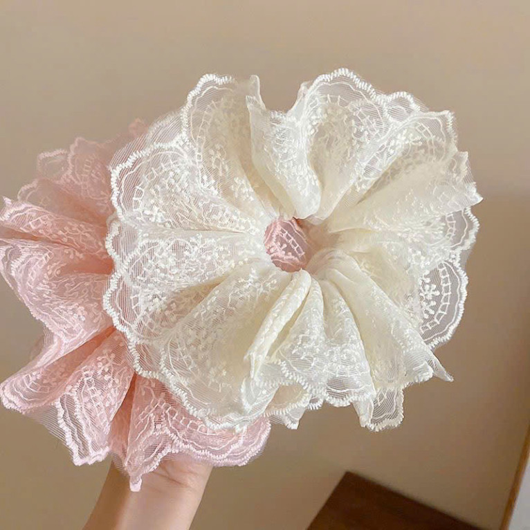 Cột tóc Scrunchies Phối Ren nhiều lớp cỡ lớn  dễ thương sang trọng retro,buộc tóc to phồng ren trắng nơ cao cấp RENMO