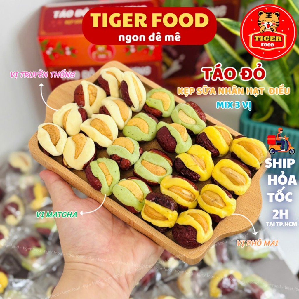 Táo Đỏ Kẹp Sữa Nhân Hạt Điều Mix 3 Vị TIGER FOOD Táo đỏ Tân Cương kẹp sữa nhân hạt điều - Đồ ăn vặt kẹo snack thức ăn