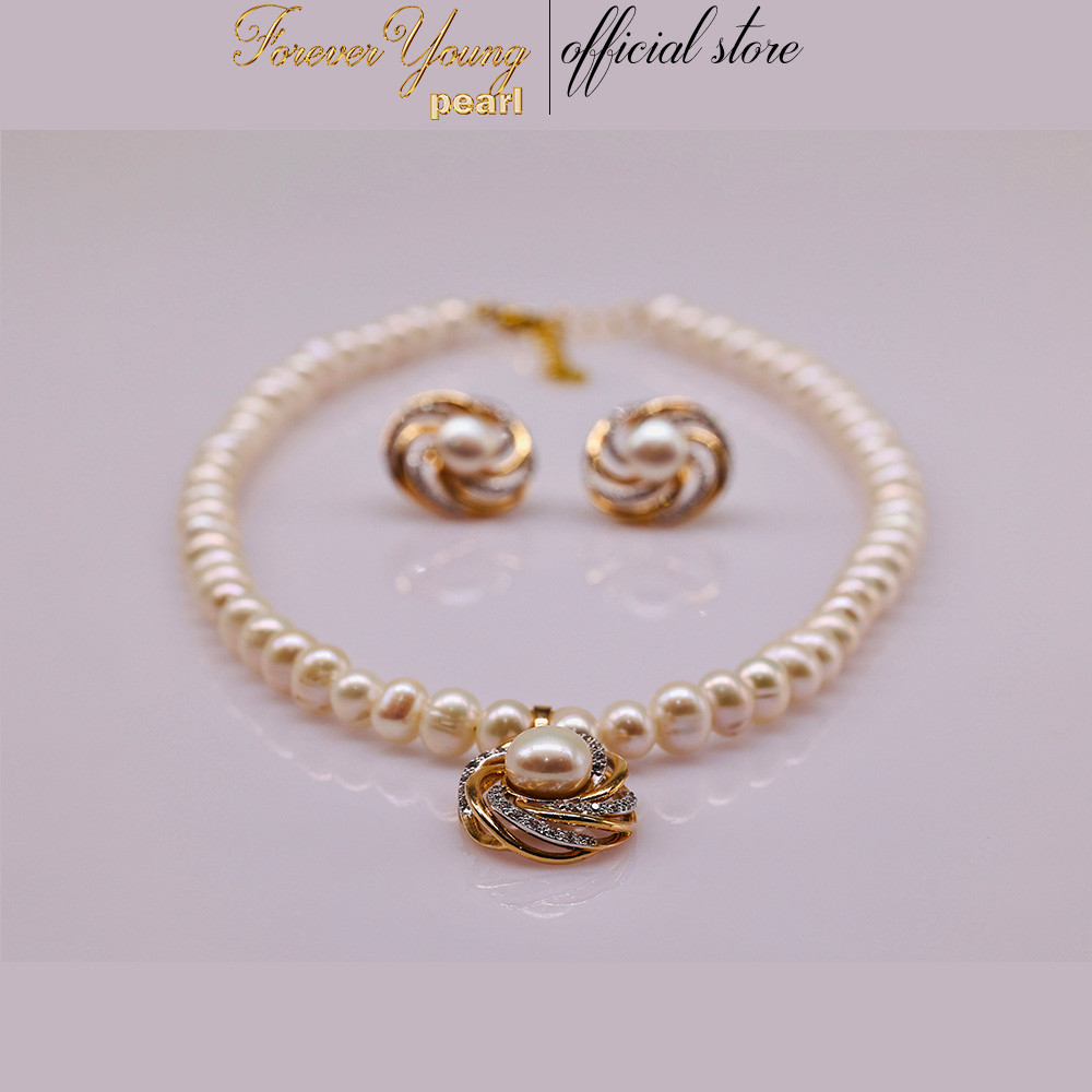 SET33 - Bộ trắng Sức ngọc trai Nước Ngọt Trắng 5-6 li Mặt Xoáy Hoa Viền - Vòng Cổ và Bông Tai Sang Trọng - Forever Young