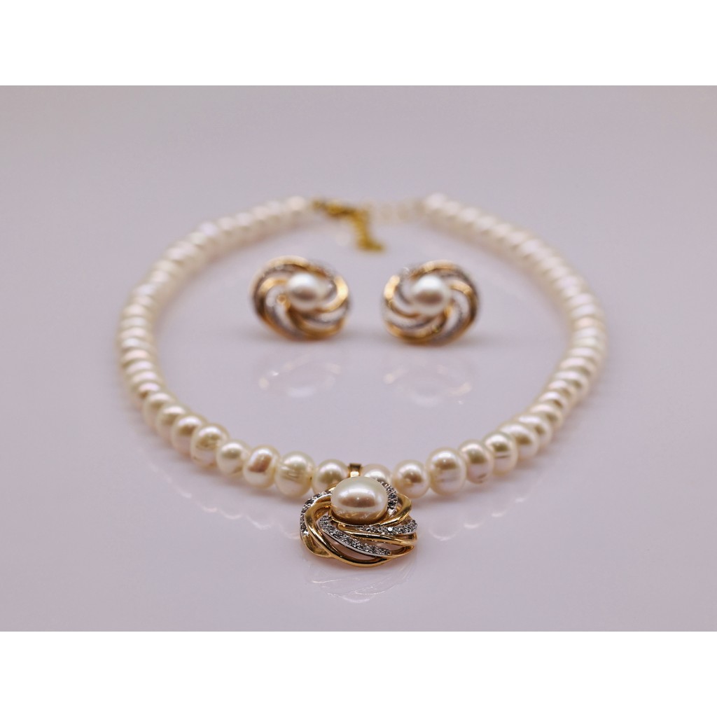 SET33 - Bộ trắng Sức ngọc trai Nước Ngọt Trắng 5-6 li Mặt Xoáy Hoa Viền - Vòng Cổ và Bông Tai Sang Trọng - Forever Young