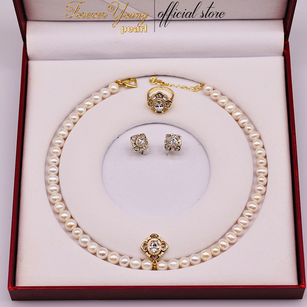 SET38 - Bộ trắng Sức ngọc trai Nước Ngọt 6-7 li Đính Đá Vuông Viền - Vòng Cổ, Bông Tai và Nhẫn - Forever Young