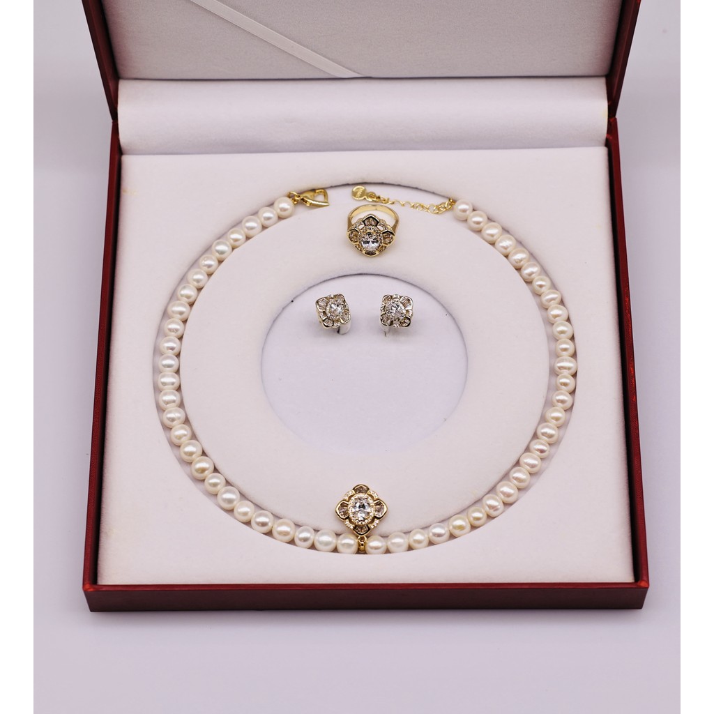 SET38 - Bộ trắng Sức ngọc trai Nước Ngọt 6-7 li Đính Đá Vuông Viền - Vòng Cổ, Bông Tai và Nhẫn - Forever Young