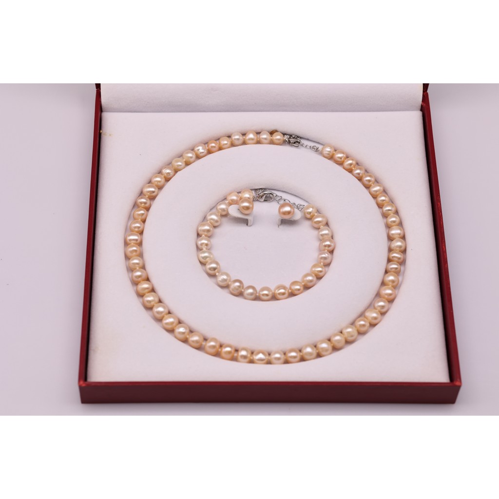 SET36 - Bộ trang Sức ngọc trai nuôi Nước Ngọt 7-8 li - Vòng Cổ, Vòng Tay, Quà Tặng Mẹ