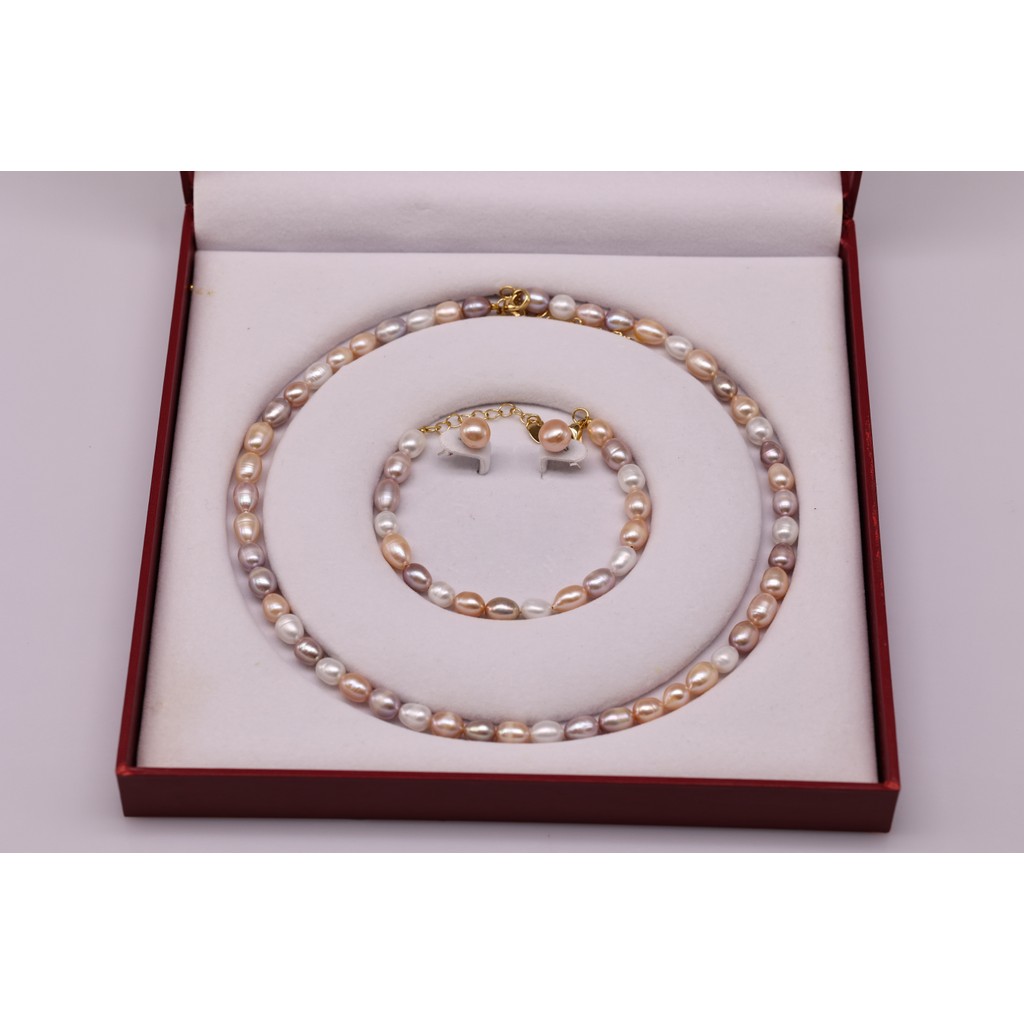 SET42 - Bộ trắng Sức ngọc trai 6-7li Bầu Dục Ngũ Sắc và ngọc trai Hồng - Vòng Cổ, Vòng Tay, Bông Tai - Forever Young