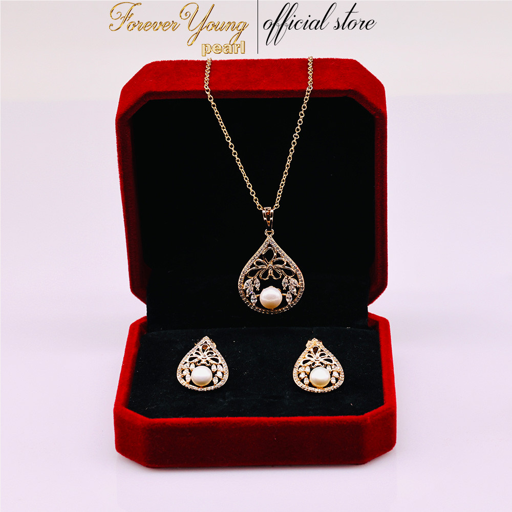 SET75 - Bộ trắng Sức ngọc trai Nước Ngọt Mặt Màn Thoi Đính Hạt - Dây Chuyền và Bông Tai 5-6 li - Quà 20/10 tặng mẹ và vợ