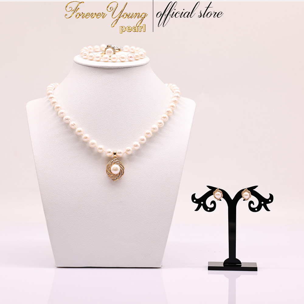 SET78 - Bộ trắng Sức ngọc trai Nước Ngọt Mặt Hoa Xoáy 7-8 li - Vòng Cổ, Bông Tai và Nhẫn - Forever Young