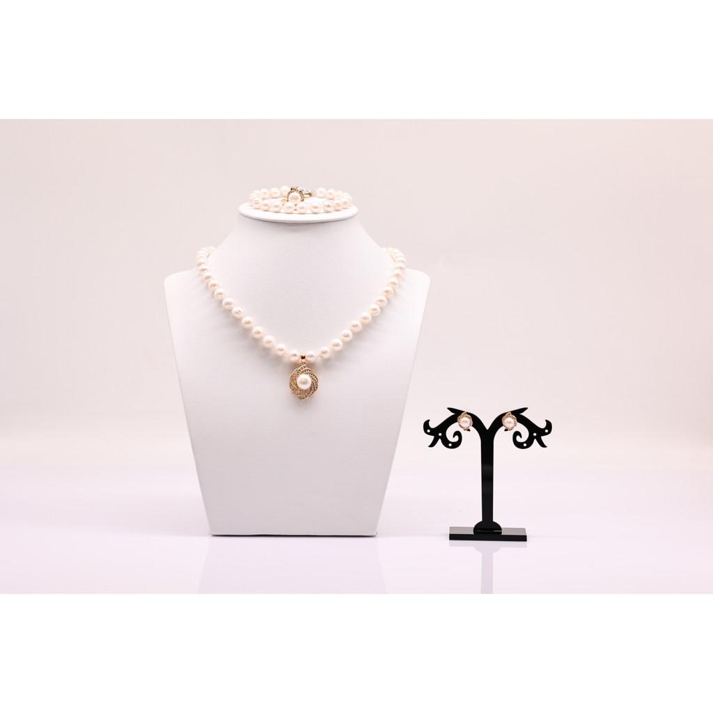 SET78 - Bộ trắng Sức ngọc trai Nước Ngọt Mặt Hoa Xoáy 7-8 li - Vòng Cổ, Bông Tai và Nhẫn - Forever Young