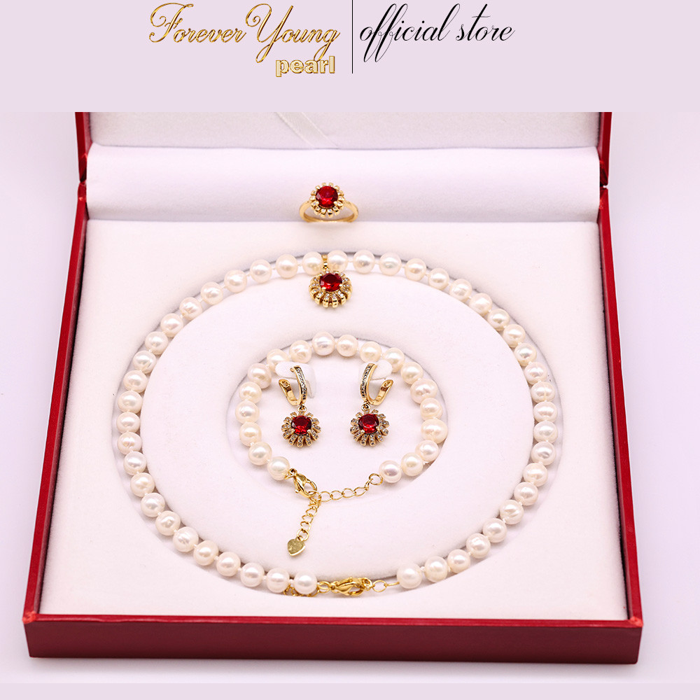 SET53 - Bộ trắng Sức ngọc trai Hoa Nhụy Hồng Ngọc 7-8 li - Vòng Cổ, Vòng Tay, Bông Tai và Nhẫn - Forever Young