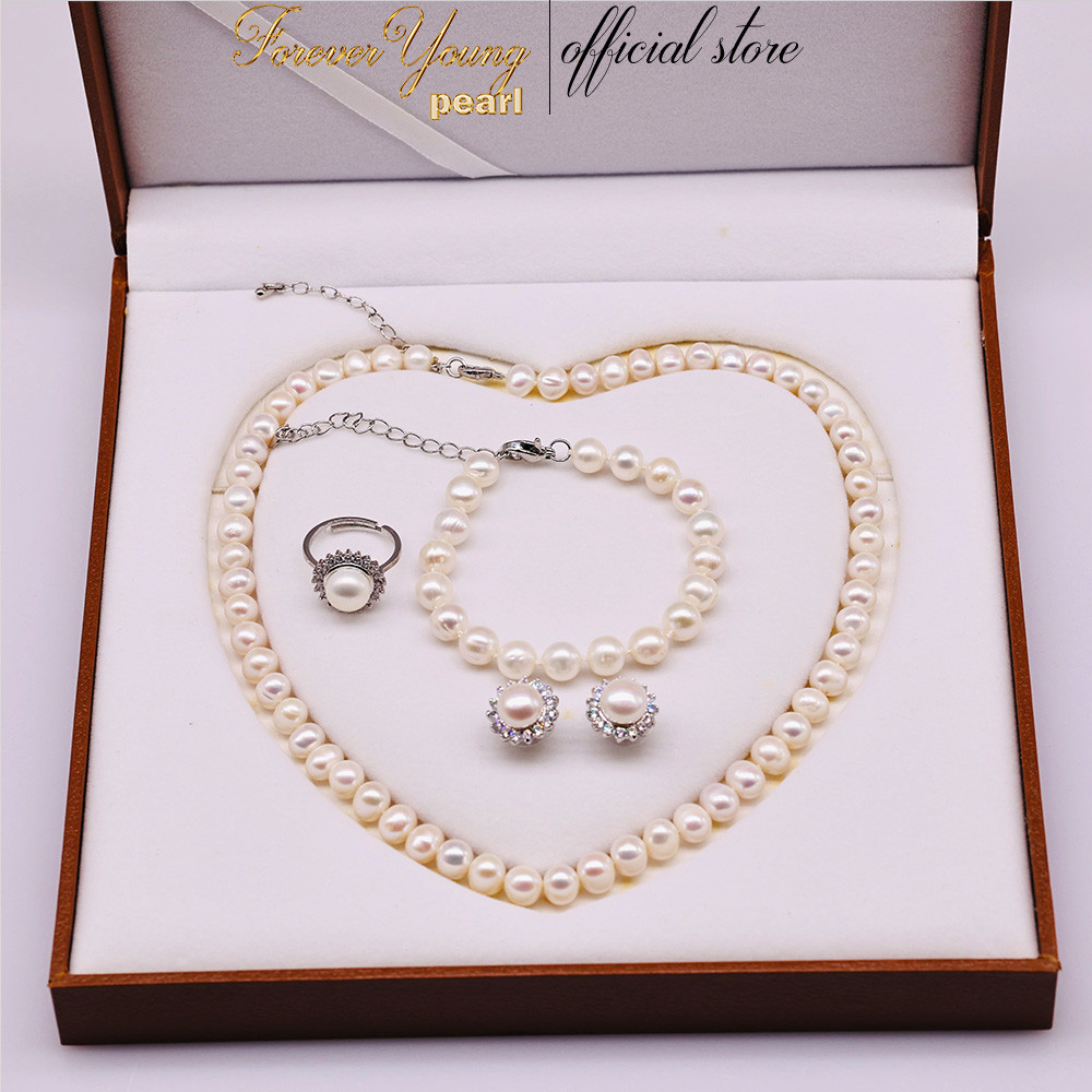 SET6 - Bộ trang Sức Vòng Cổ ngọc trai Nước Ngọt 7- 8 li, 4 món: nhẫn, Bông Tai và Vòng Tay- Quà 20/10 dành tặng mẹ và vợ