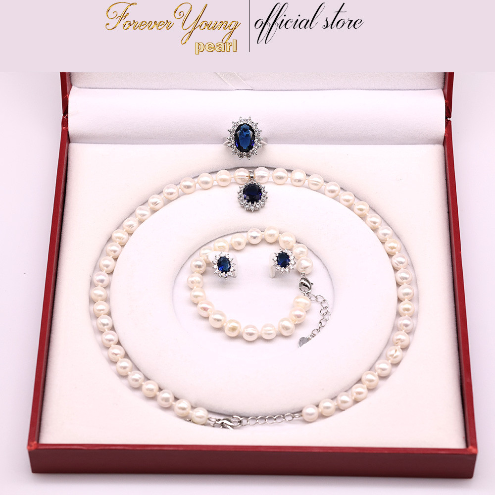 SET69 - Bộ trắng Sức ngọc trai Đính Đá Mặt Xanh Tím- Vòng Cổ, Vòng Tay, Nhẫn và Bông Tai 7-8 li- Quà 20/10 tặng mẹ và vợ