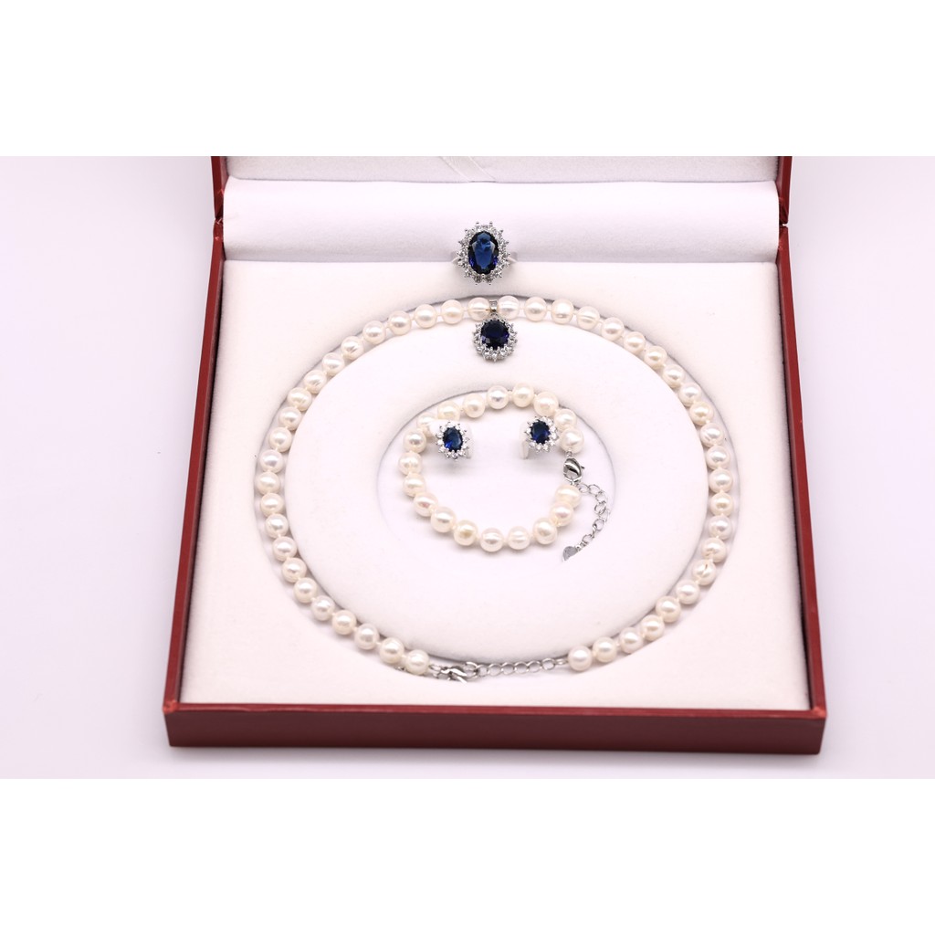 SET69 - Bộ trắng Sức ngọc trai Đính Đá Mặt Xanh Tím- Vòng Cổ, Vòng Tay, Nhẫn và Bông Tai 7-8 li- Quà 20/10 tặng mẹ và vợ