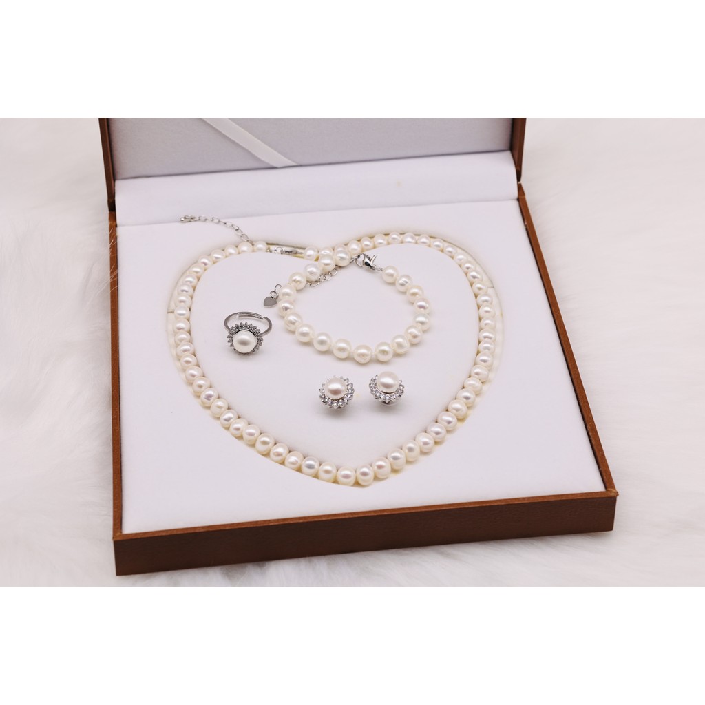 SET6 - Bộ trang Sức Vòng Cổ ngọc trai Nước Ngọt 7- 8 li, 4 món: nhẫn, Bông Tai và Vòng Tay- Quà 20/10 dành tặng mẹ và vợ