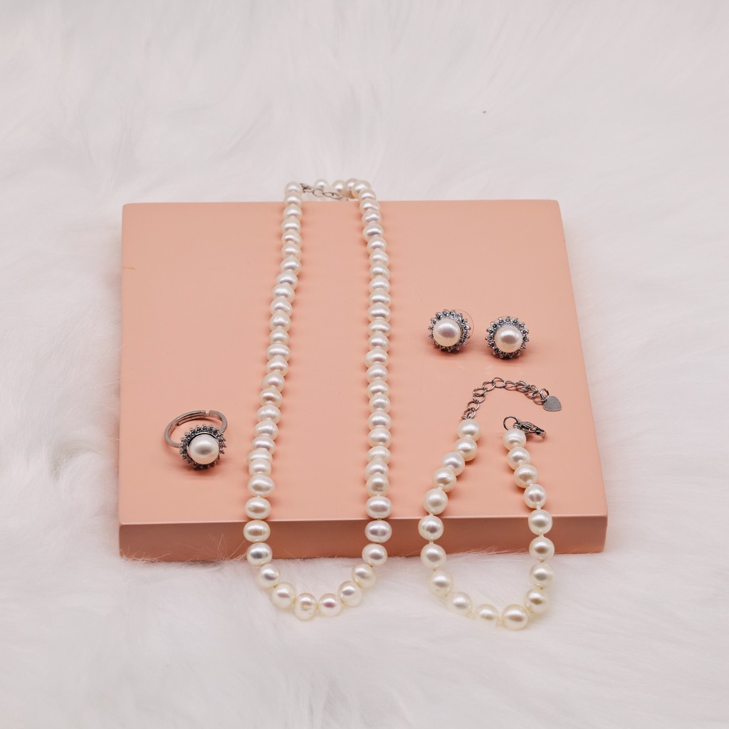 SET6 - Bộ trang Sức Vòng Cổ ngọc trai Nước Ngọt 7- 8 li, 4 món: nhẫn, Bông Tai và Vòng Tay- Quà 20/10 dành tặng mẹ và vợ