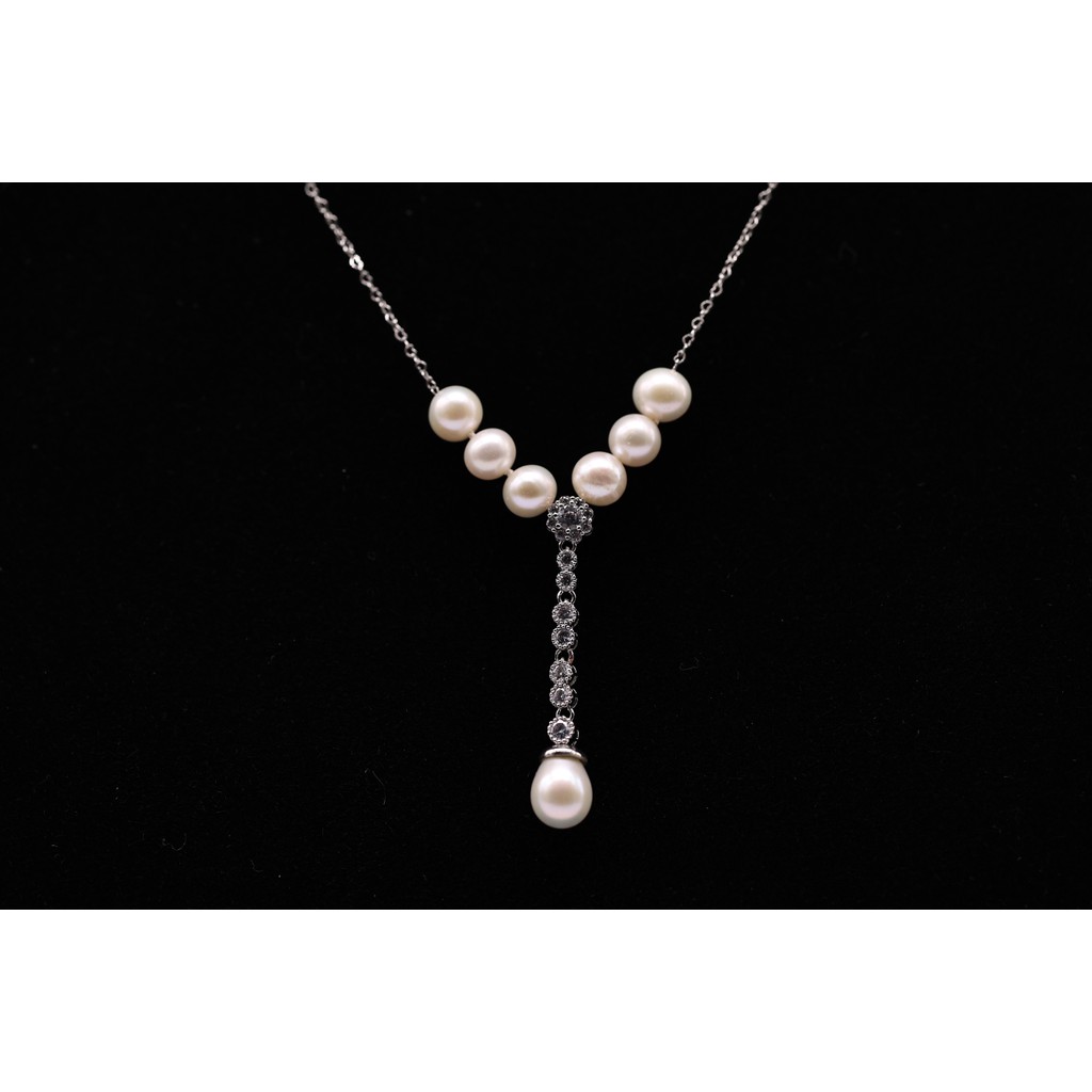 DC194 - Dây chuyền mạ vàng trắng, kết ngọc Trai nuôi nước ngọt 6-8 li, dài 42-48cm, charm đính đá CZ