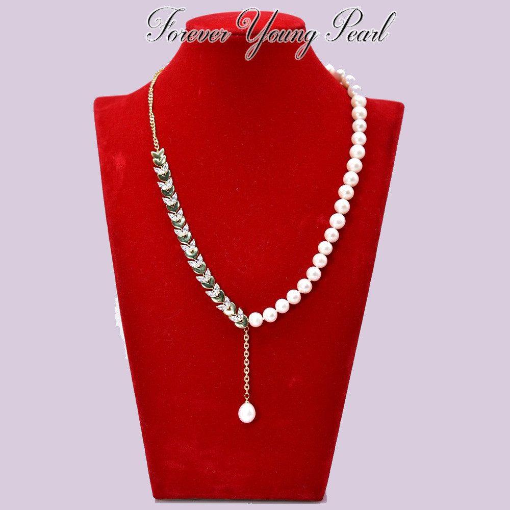 DC182 - Dây chuyền ngọc Trai nuôi nước ngọt 7-8 li, kết hợp dây thiết kế bông lúa, dài 42-48cm