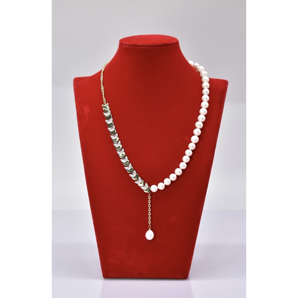 DC182 - Dây chuyền ngọc Trai nuôi nước ngọt 7-8 li, kết hợp dây thiết kế bông lúa, dài 42-48cm