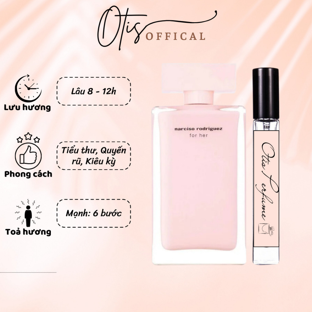 Nước Hoa Chiết 10ml Nữ Narciso Rodriguez For Her EDP (Narciso hồng nhạt) Hương Thơm Tiểu thư,Kiêu kỳ