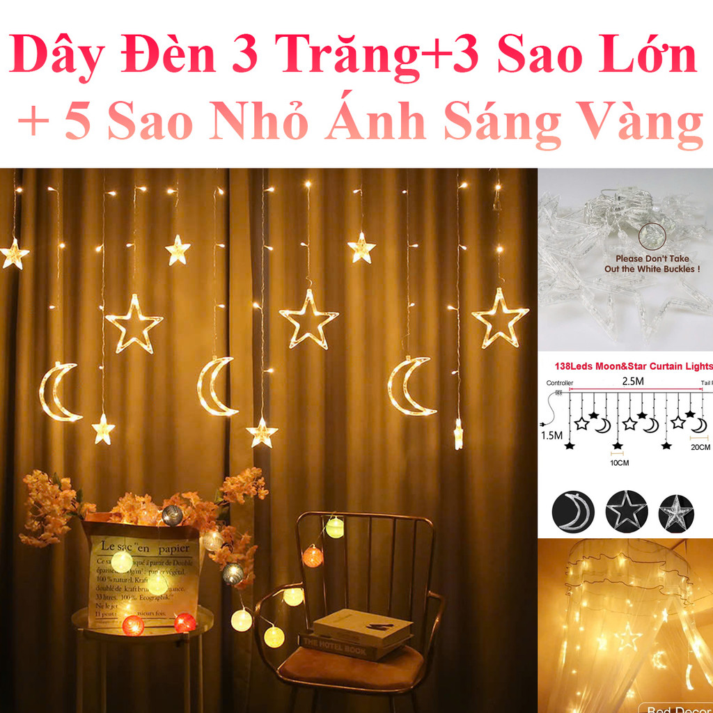 Dây Đèn 3 Trăng + 3 Sao Lớn + 5 Sao Nhỏ Ánh Sáng Vàng