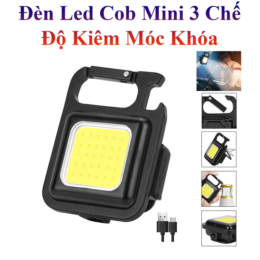 Đèn Led Cob Mini Siêu Sáng 3 Chế Độ Kiêm Móc Khóa Dùng Pin Sạc