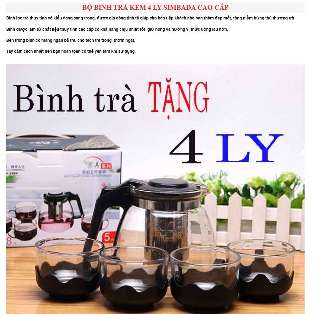 Bộ Bình Lọc Trà Thủy Tinh 700Ml Kèm 4 Ly