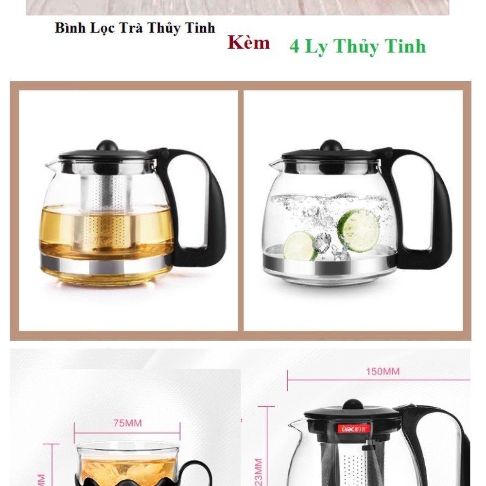 Bộ Bình Lọc Trà Thủy Tinh 700Ml Kèm 4 Ly