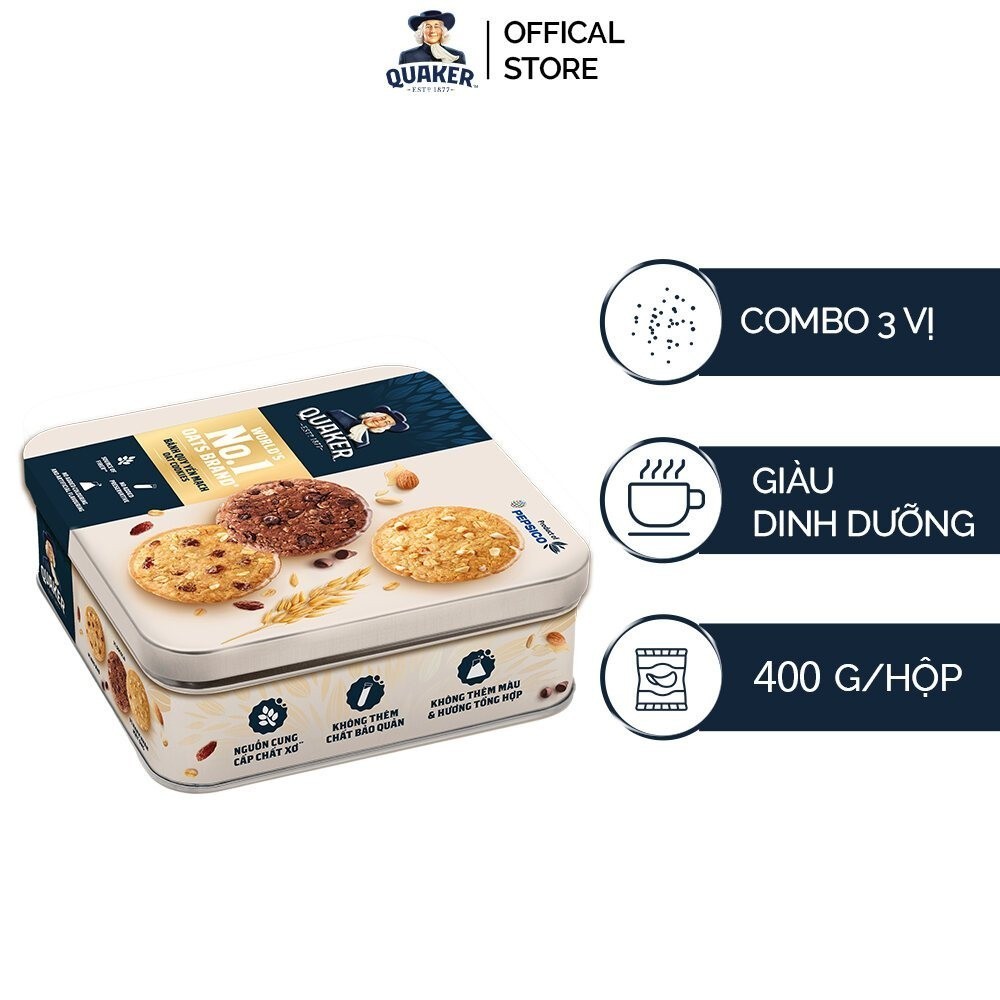 Hộp thiếc Bánh Quy Yến Mạch Quaker 400G (Hạnh Nhân, Socola)