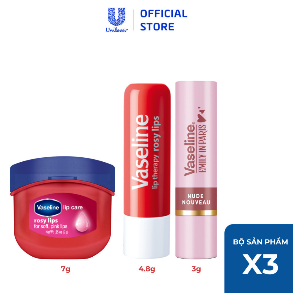 Combo son môi Vaseline Hot gồm: Son dưỡng dạng thỏi 4.8g và Sáp dưỡng hũ 7g và Son màu Emily In Paris 3g (Tuỳ chọn)