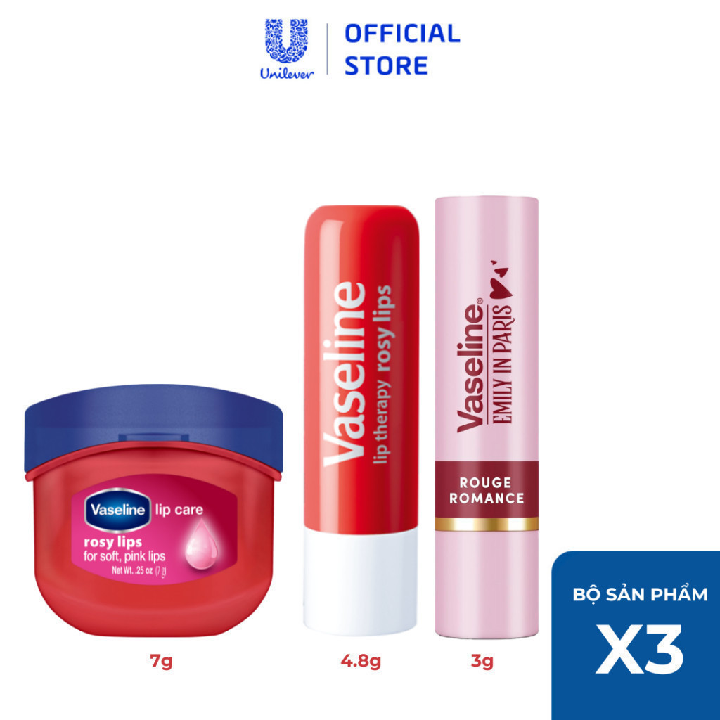 Combo son môi Vaseline Hot gồm: Son dưỡng dạng thỏi 4.8g và Sáp dưỡng hũ 7g và Son màu Emily In Paris 3g (Tuỳ chọn)